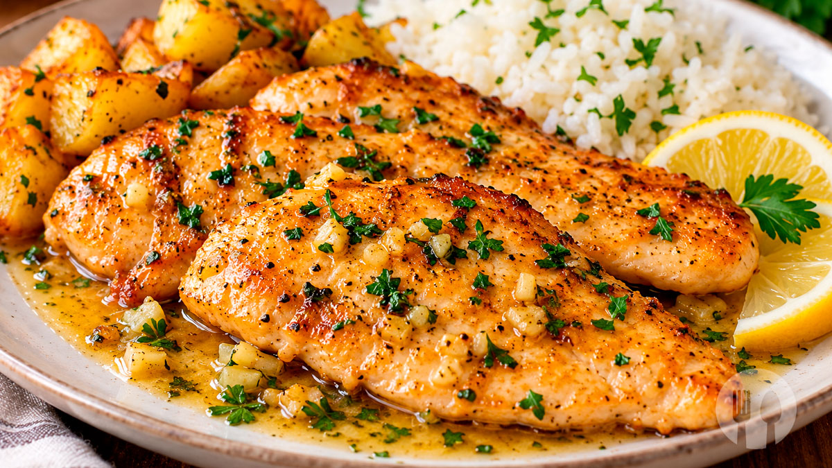 Bifes de frango suculentos na frigideira com molho de alho e limão, acompanhados de salsa fresca.