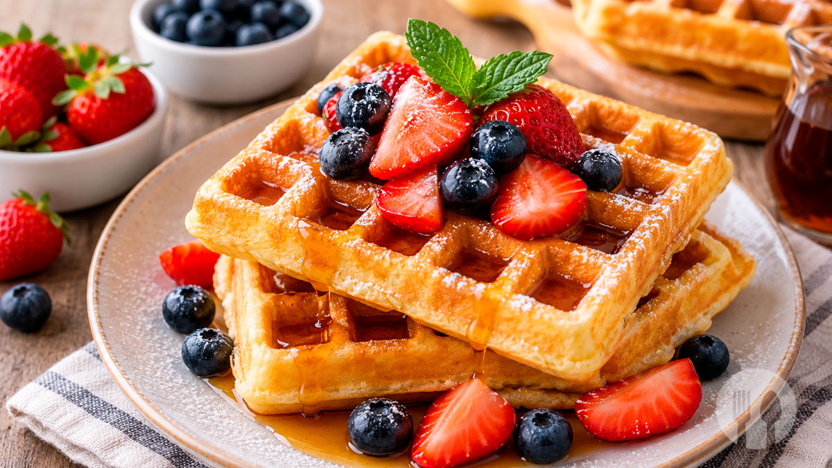 Waffles caseiros fofinhos e crocantes, servidos com morangos frescos, mirtilos, açúcar em pó e xarope de ácer.