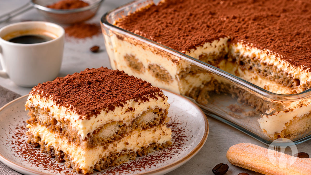 Tiramisù tradicional italiano caseiro com camadas de creme de mascarpone, palitos de champanhe embebidos em café e cobertura de cacau em pó.